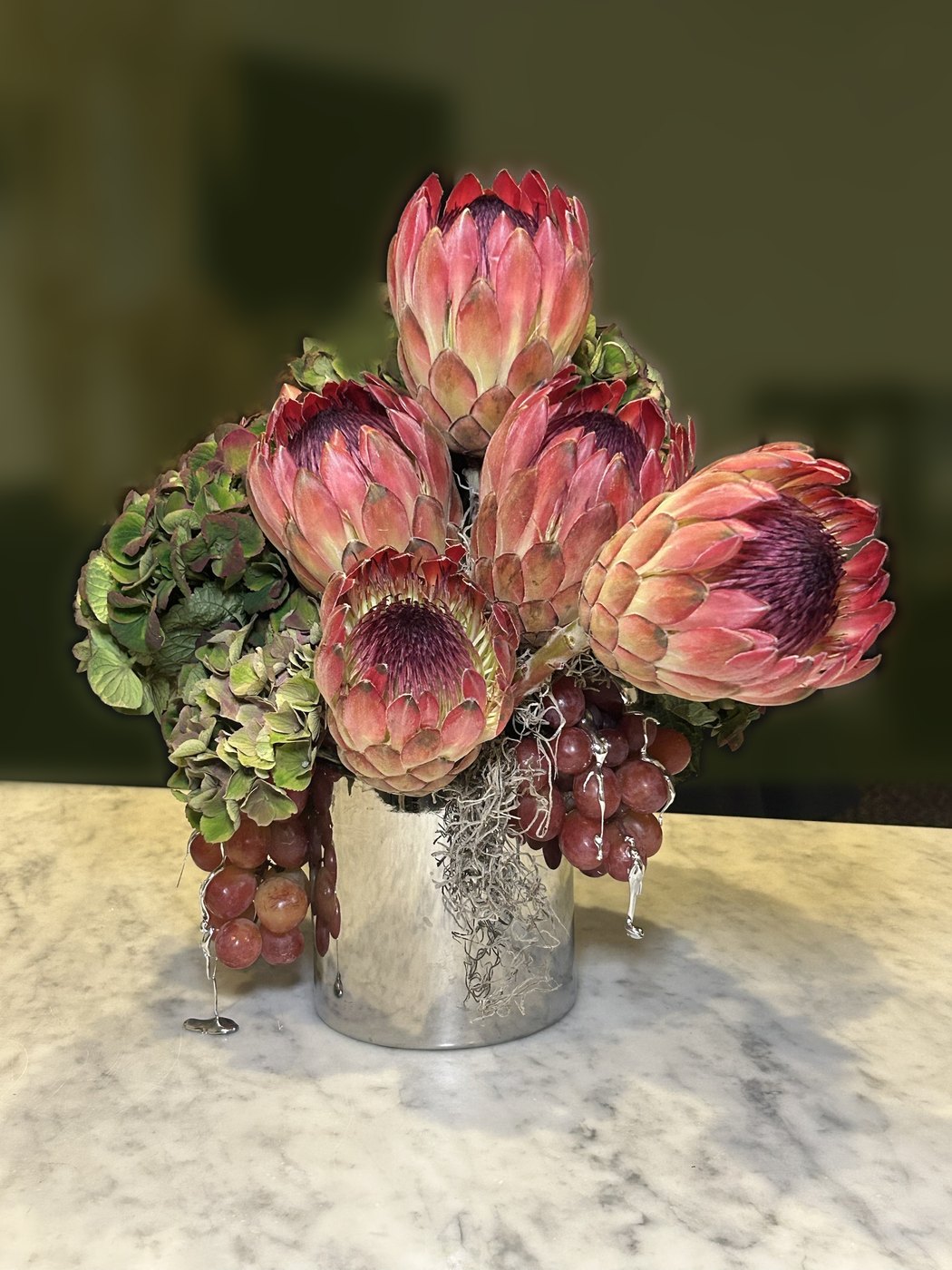 Protea and hydrangea arrangement